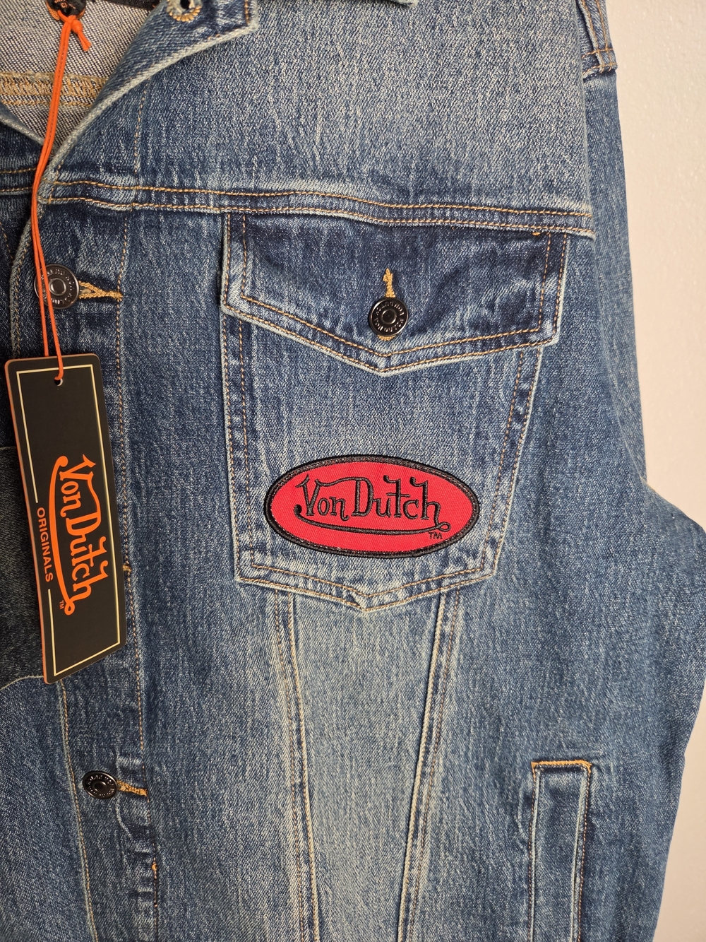 Von Dutch Blue Denim Patchwork Jacket with Orange Tag - Picture 8 of 11
